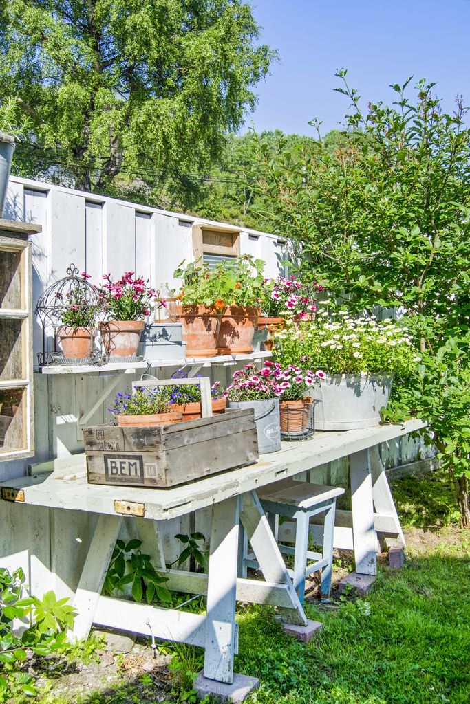 Hvitmalte gjerder, et vell av blomster, lysthus og koselige sitteplasser. Med en slik hage ved sjøen har ikke eierne behov for å reise noe annet sted.