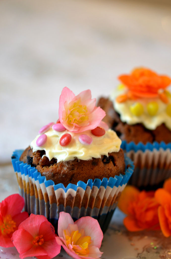 Muffins med fargerike knollbegonia blomster